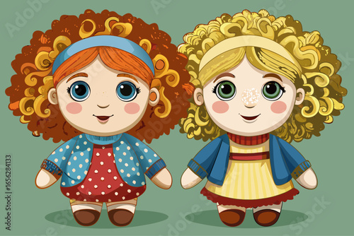 vector of Cloth dolls with woolly hair and a simple design that became popular in the early 20th century.