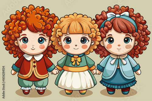 vector of Cloth dolls with woolly hair and a simple design that became popular in the early 20th century.