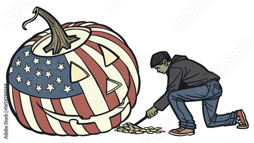 Man carving pumpkin with american flag design halloween celebration illustration
