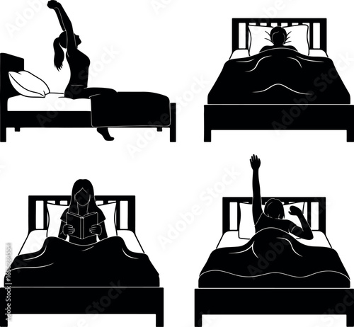 Stickman daily routine in bed vector icons – waking up, sleeping, stretching, resting silhouette activities set