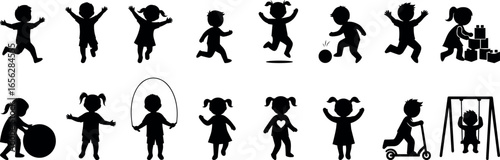 Stickman kids play and fun activity icons vector – children dancing, jumping, games, sports silhouette set