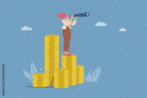 Businesswoman standing on coins with telescope, financial vision, investment planning, success concept, flat vector illustration.
