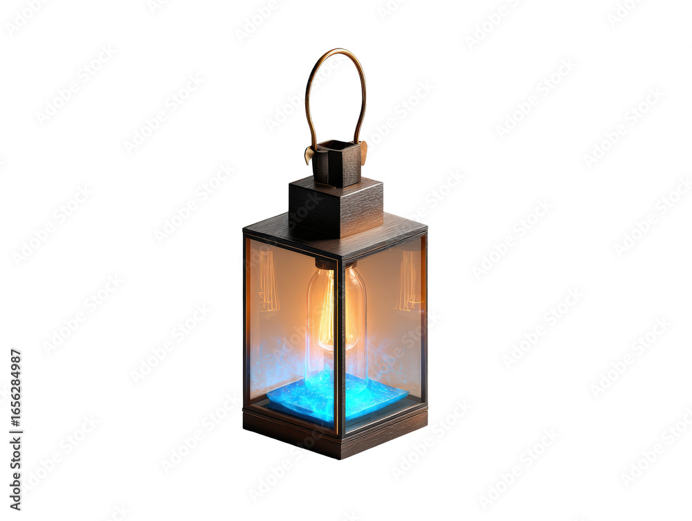 Obraz premium Rustic wooden lantern with a vintage Edison bulb and a unique glowing blue crystal base.