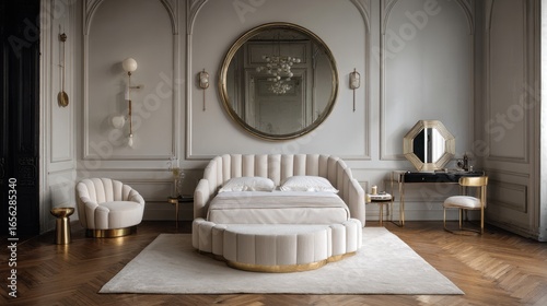 Elegant and Modern Bedroom Interior Featuring Soft Textures, Golden Accents, and Contemporary Furniture Designs for a Luxurious Living Space