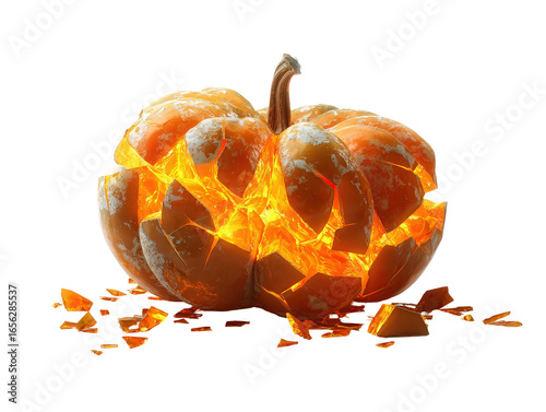 An exploding orange pumpkin with a fiery glowing crystalline core and shattered pieces.