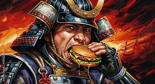 ハンバーガーを食べるサムライ