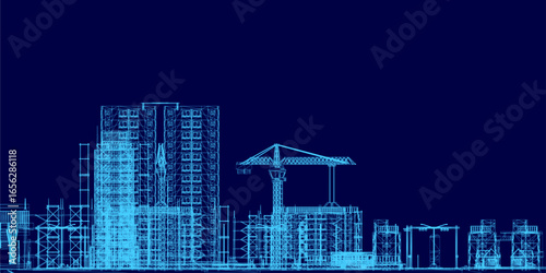 Blueprint of a city building under construction with a dark blue background, featuring wireframe structures in various shapes and sizes. The design highlights architectural details.
