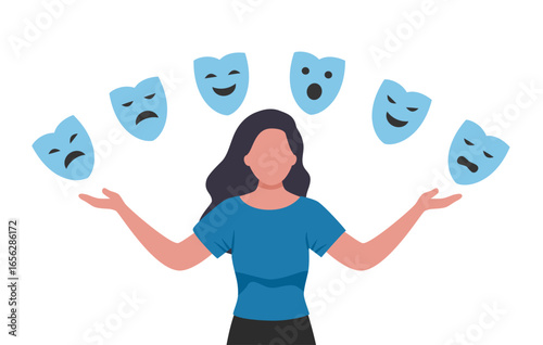 Woman with emotion masks. Faceless girl hiding real feelings. Mental health and psychological problems.