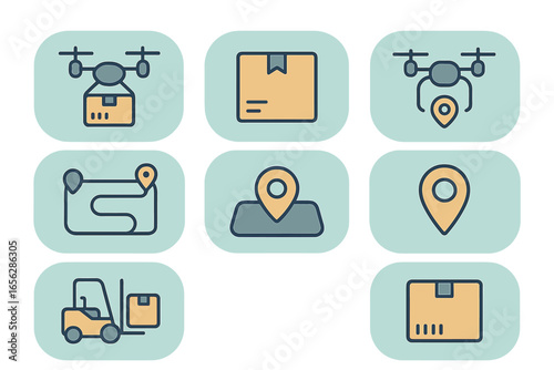 Delivery and logistics icons with drones and maps