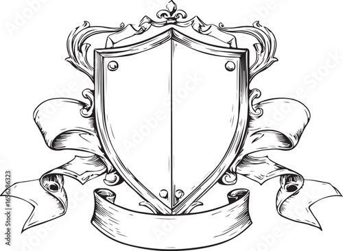 Hand-Drawn Heraldic Shield and Ribbon Emblem Set


