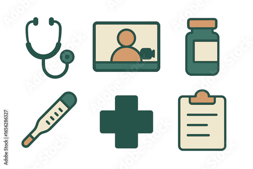 Medical Icons with Stethoscope and Thermometer