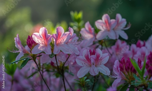 Delicate pink azaleas in morning sun