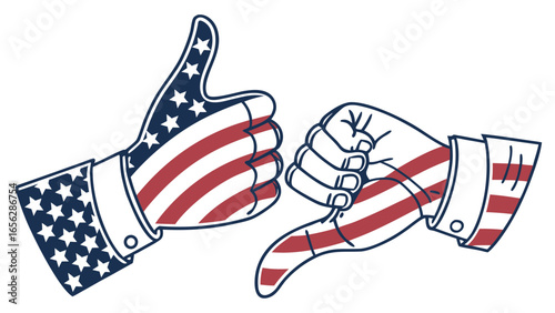 Thumbs up and thumbs down hand gesture with usa flag illustration showing approval and disapproval
