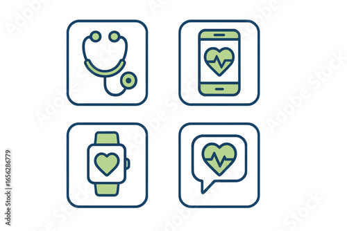 Medical Technology Icons with Heartbeat and Stethoscope