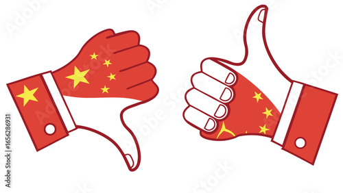 Thumbs up and thumbs down hand gesture with china flag illustration showing approval and rejection
