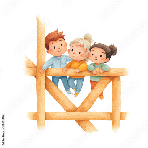 Watercolor Illustration of Three Smiling Children Leaning Over a Wooden Fence