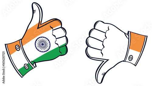 Thumbs up and thumbs down hand gesture with india flag illustration showing approval and disapproval
