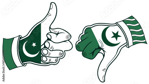 Thumbs up and thumbs down hand gesture with pakistan flag illustration symbol of approval and disapproval
