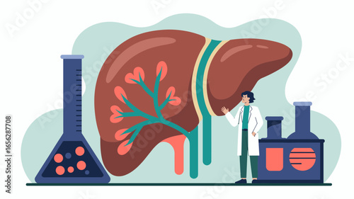 doctor in a lab with a large anatomical model of a human liver vector illustration