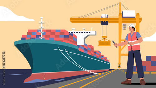 port inspector managing a container ship being loaded by a crane vector illustration
