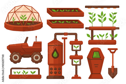 Futuristic farming equipment and greenhouse for plant cultivation