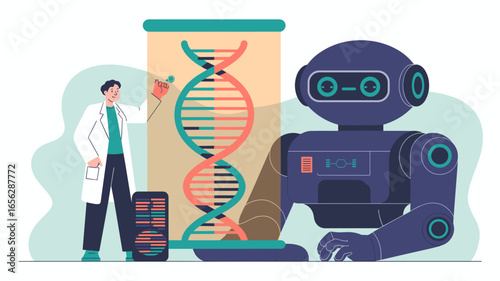 scientist and a robot analyzing a dna helix structure vector illustration, medical ai assistant, genetic engineering and biotechnology research