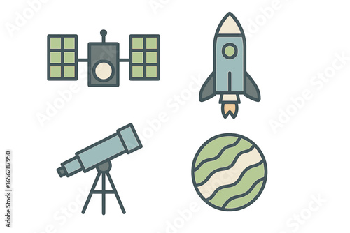 Space exploration icons: rocket, satellite, telescope, planet
