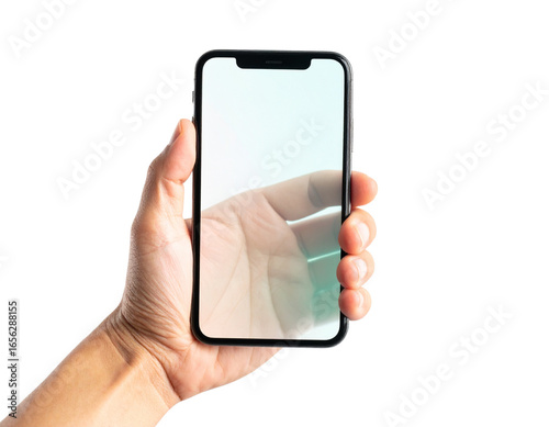 Modern smartphone with transparent screen held in left hand, isolated on transparent background PNG