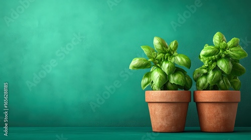 Two vibrant basil plants in terracotta pots are set against a calming green background, perfect for illustrating gardening, home cooking, or wellness themes in culinary blogs or magazines,