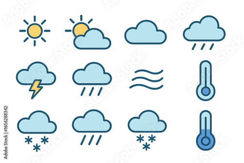 Weather Icons Set with Sun, Clouds, Rain, Snow, Thermometers
