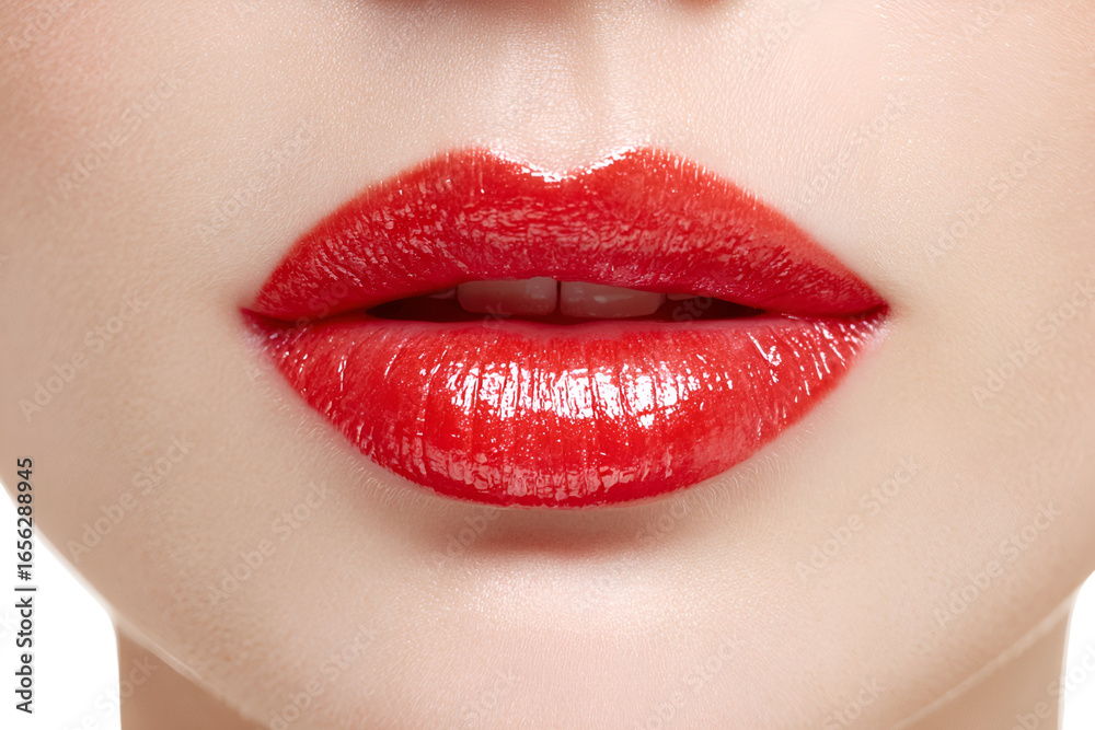 Fototapeta premium Closeup of glossy red lips beauty makeup