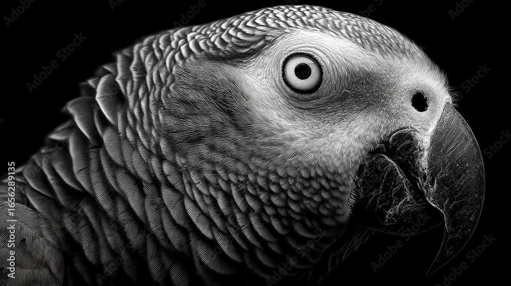 Fototapeta premium Close-up grayscale parrot portrait, studio shot, black background