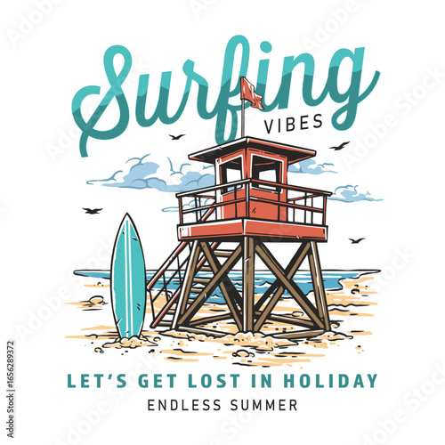 Surfing vibes at a beach lifeguard tower