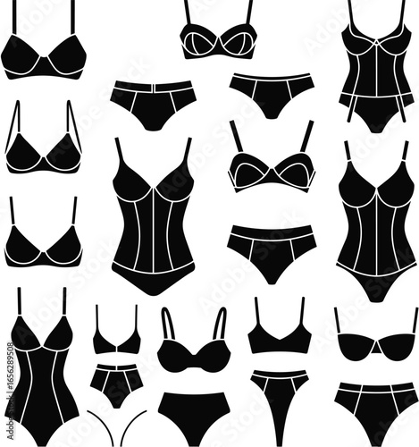 Black and white collection of lingerie illustrations on a white background underwear panties