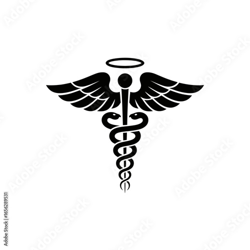 Medical symbol representing healthcare with snakes and wings in black and white illustration