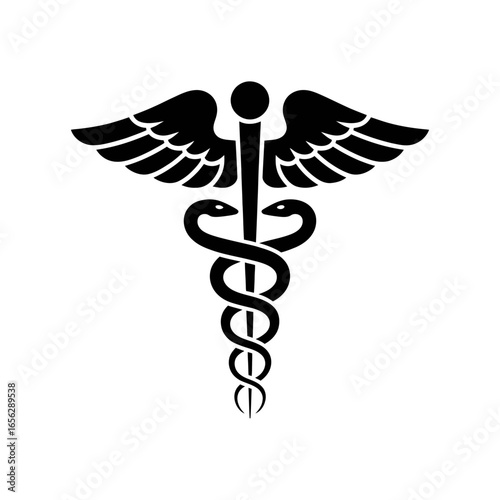 Medical symbol representing healthcare with snakes and wings in black and white illustration