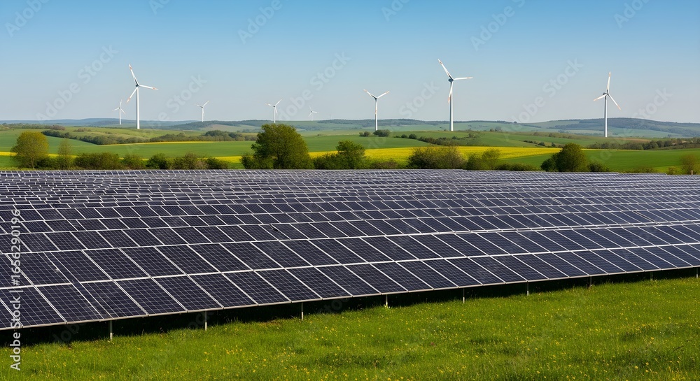 Large solar panel farm stretches across a grassy field, with wind turbines in the background. Large solar panel farm stretches across a grassy field, with wind turbines in the background.