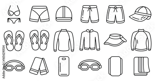 Black and white line art icons of swimwear and beach accessories on a white background beachwear bikini