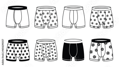 Black and white line drawing illustrations of men's boxer briefs with floral patterns and solid colors
