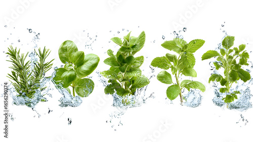 Fresh green aromatic herbs splashing in water droplets isolated on white background, perfect for cooking and healthy lifestyle