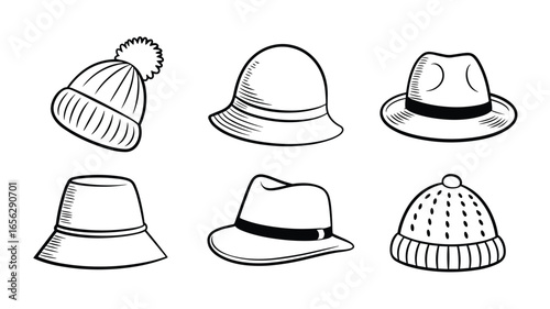 Black and white line drawings of six different hats on a white background headwear fashion