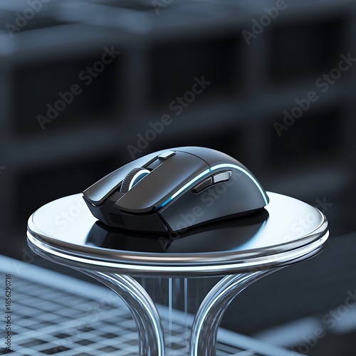 Photorealistic Close-Up of Gaming Mouse on Futuristic Podium with Glowing RGB Lighting