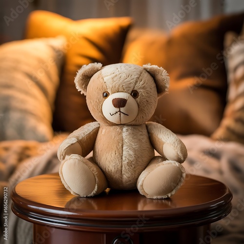Realistic Render of Teddy Bear Toy on Wooden Podium with Cozy Warm Background