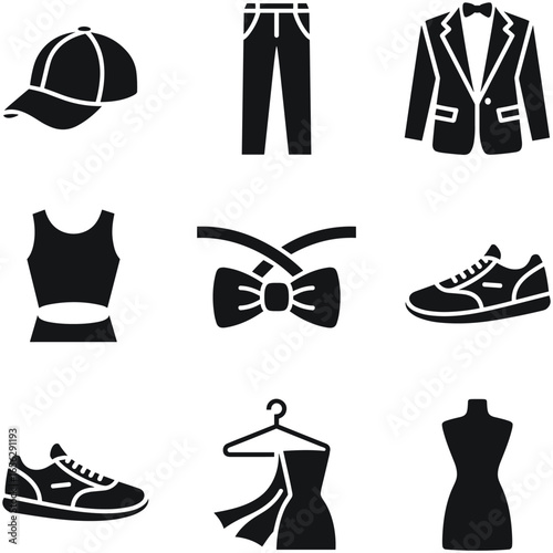 Black and white minimalist icons of clothing and accessories on a white background fashion collection