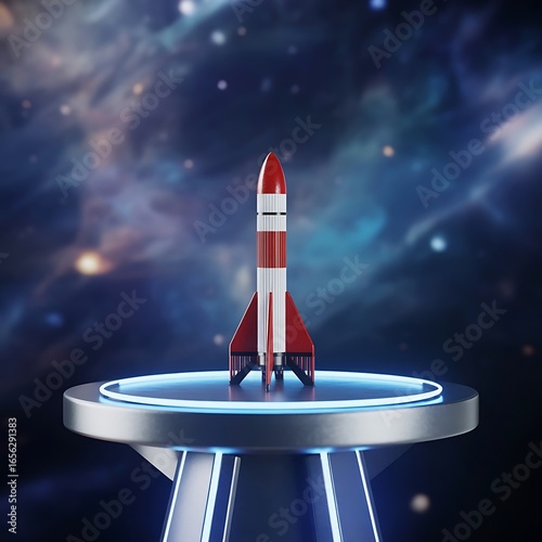 Ultra Sharp Image of Rocket Miniature on Futuristic Glowing Podium with Cinematic Background