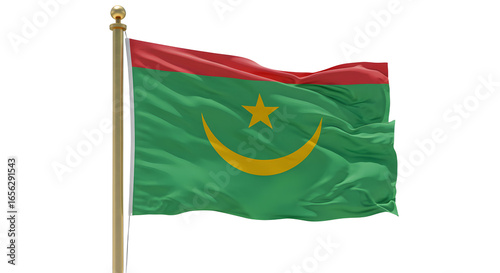 Flag of Mauritania waving in the wind with red and green colors and yellow crescent and star, symbol of African country, perfect for educational and cultural projects