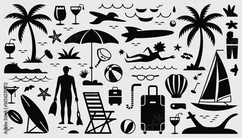 Black and white silhouette collection of beach vacation and travel icons summer holiday