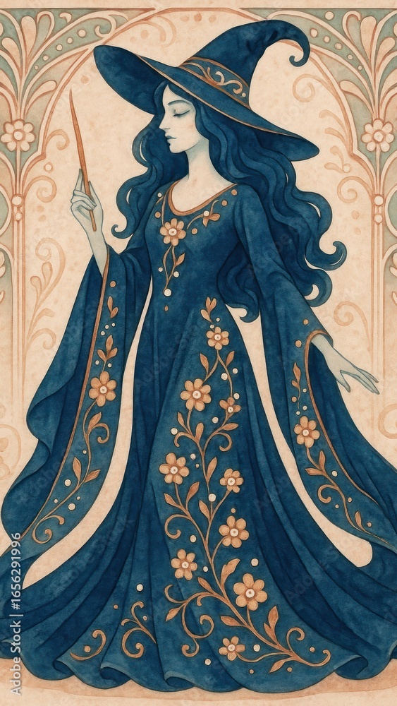 Fototapeta premium Elegant witch in floral gown.