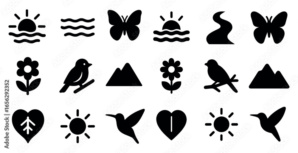 Fototapeta premium Nature and wildlife solid icons set – silhouette, filled, floral and animal symbols