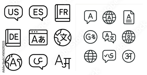 Language and translation outline icons set – linear, linguistic, multilingual symbols